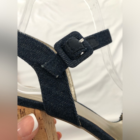 NWOB Nine West denim cork chunky heel platform with sequins and beaded accents. - Picture 9 of 14